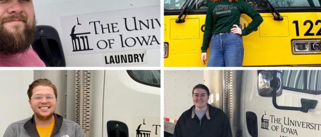 4 image grid, upper left man wearing faded red shirt and khaki hat, upper right woman wearing black shirt and jeans posed in front of gold bus, lower left man wearing gold shirt grey jacket and glasses, lower right woman wearing black jacket and posed next to laundry truck