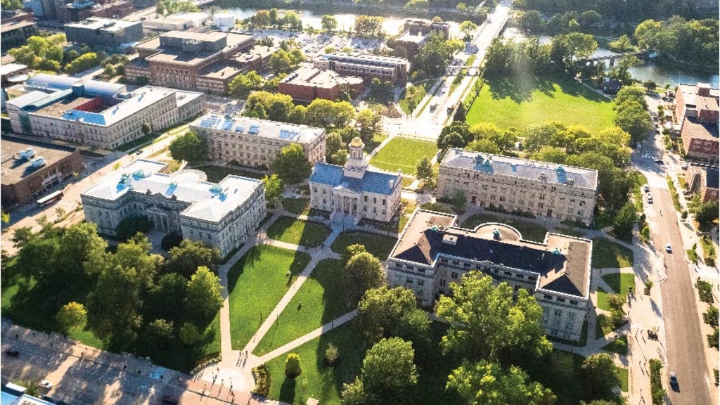 aerial image of campus on sunny day with Pentacrest at center
